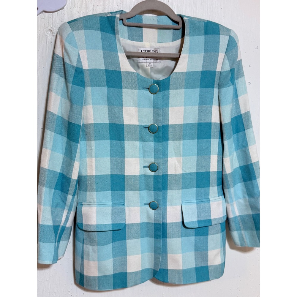 Stirling Cooper Vintage Blue White Buffalo Check Plaid Collarless Blazer Size 8